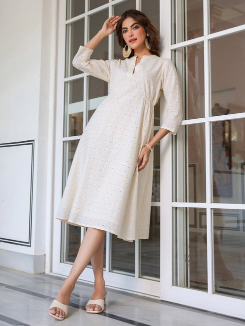 Janasya Women's Off White Pure Cotton Schiffli A-line Dress